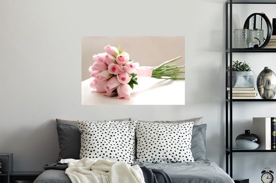 Sticker Muursticker Rose rose - bouquet de rose rose sur tableau blanc - 90x60 cm - film adhésif autocollant - sticker mural repositionnable