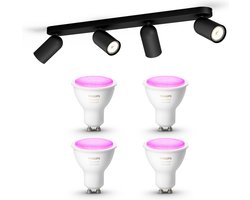 Philips Hue Pongee Opbouwspot (Zwart) - Wit en Gekleurd Licht - Plafondspot met 4 Lichtpunten -…