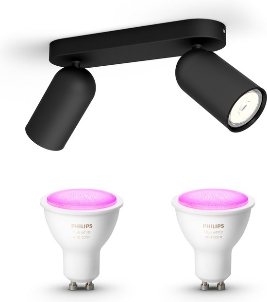 Philips myLiving Pongee Opbouwspot White & Color Ambiance GU10 - 2 Hue Lampen - Wit en Gekleurd Licht - Dimbare Plafondspots - Zwart