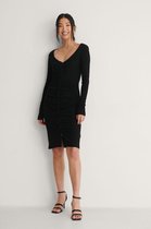 NA-KD Rouched Ribbed Button Vrouwen Jurk - Black - Maat XS