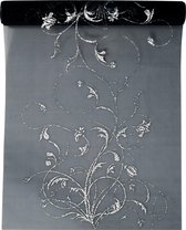 Zwarte Organza Stof Zilveren Bloemen 36cm 9m
