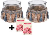 Set Windlichten Ibiza glas met franjes h12 x d12 + waxinelichtjes