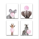 Schilderij  Set 4 Zebra Giraf Koala Olifant met Roze Kauwgom - Kinderkamer - Dieren Schilderij - Babykamer / Kinder Schilderij - Babyshower Cadeau - Muurdecoratie - 30x20cm - Frame