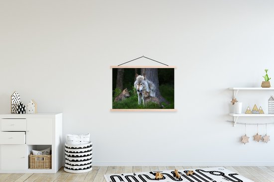 Posterhanger incl. Poster 90x60 cm - Schoolplaat - Wolf - Mos - Bos - Pup - Textielposter - Blanke latten