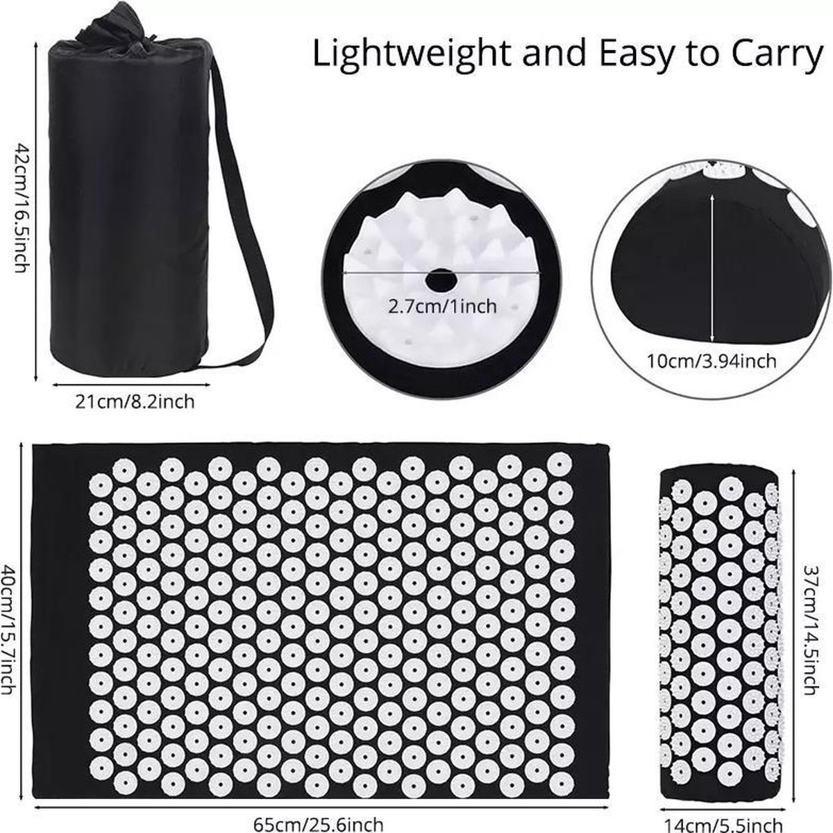 Goedkoopste Acupressuur Mat met Kussen - Spijkermat en Draagtas - Massagekussen - Acupressuur Kussen - nail mat - 66x40x2cm zwart