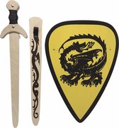 houten zwaard met schede en ridderschild geel met zwarte draak kinderzwaard ridder schild