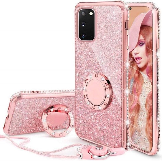 Coque de téléphone rose à paillettes avec support anneau et bordure strass pour Samsung Galaxy A32.