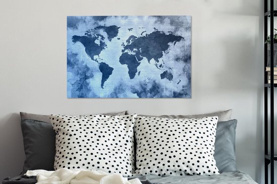 Wereldkaart avec peinture bleue et bleu foncé sur fond avec motif texturé 60x40 cm