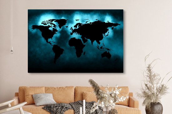 Peintures Toile Wereldkaart - Zwart - Blauw - 150x100 cm - Décoration murale