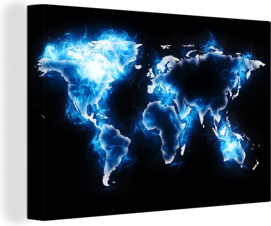 Wereldkaart en bleu électrique sur fond noir 60x40 cm
