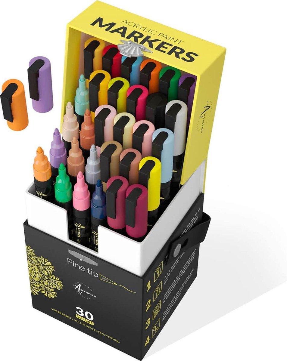 ARTISTRO 5 zwarte acrylverfpennen met dubbele punt - 1-5 mm