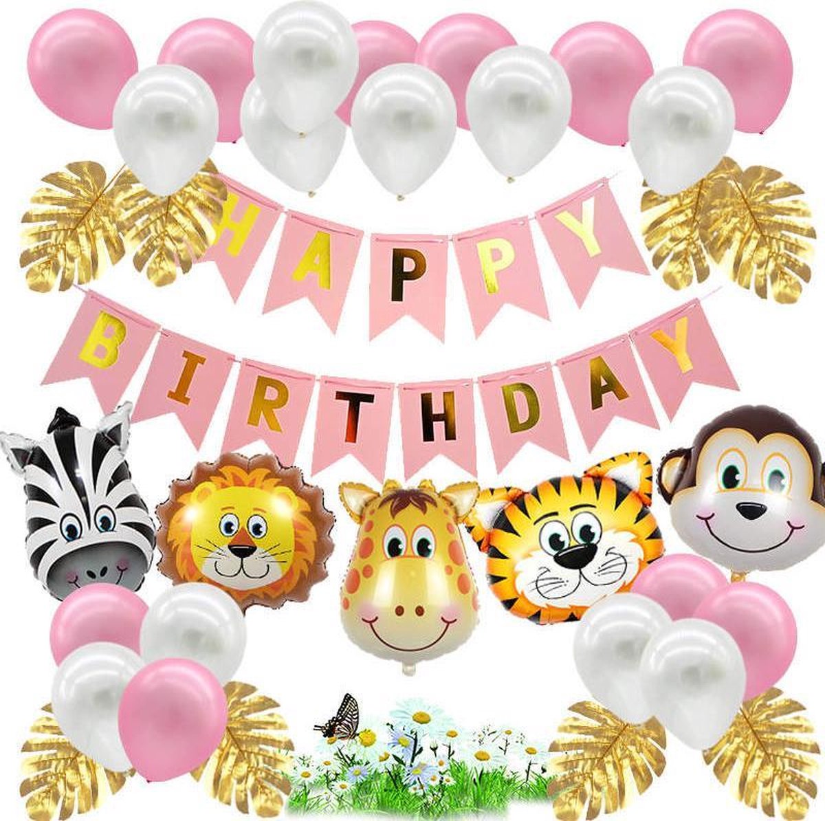 Jungle Decoratie Verjaardag Versiering pakket - Babydouche Safari Roze Goud - met dieren ballonnen en happy birthday slinger Meisje - Babydouche