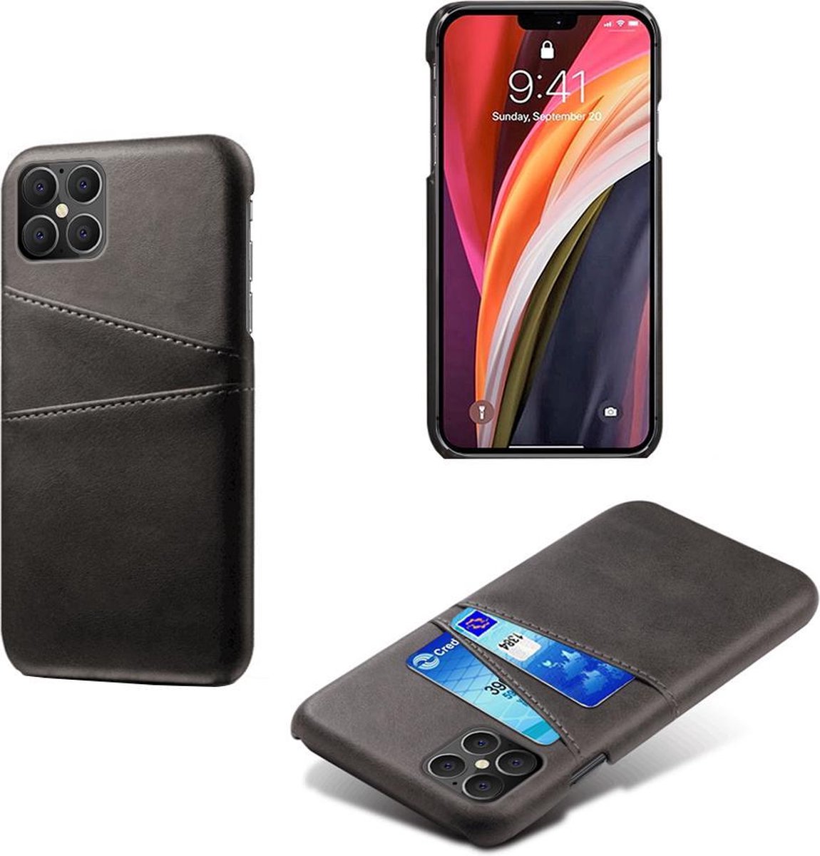 Backcover met Opbergvakjes + PMMA Screenprotector voor iPhone 12 Pro Max _ Zwart