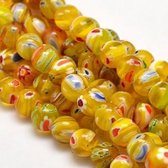 Millefiori glas, Venetië, ronde kralen, 8mm, geelgoud. Verkocht per streng van ca 40 cm