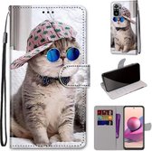 Voor Xiaomi Redmi Note 10 4G / Note 10S Gekleurde tekening Cross Texture Horizontale Flip PU lederen tas met houder & kaartsleuven & portemonnee & lanyard (Slant Hat Blue Mirror Cat)