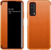Voor Huawei P Smart 2021 magnetisch zijvensterweergave schokbestendig horizontaal flip lederen smartcase (oranje)