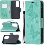 Voor Huawei P50 Twee vlinders reliëfpatroon horizontaal Flip lederen tas met houder & kaartsleuf & portemonnee & lanyard (groen)