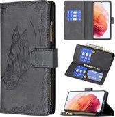 Voor Samsung Galaxy S21 5G Vliegende Vlinder Embossing Patroon Rits Horizontale Flip Leren Case met Houder & Kaartsleuven & Portemonnee (Zwart)
