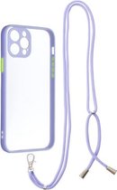 Transparante pc + TPU-telefoonhoes met knop in contrasterende kleur en nekkoord voor iPhone 12 Pro (paars)