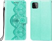 Voor Samsung Galaxy A22 5G Flower Vine Embossing Pattern Horizontale Flip Leather Case met Card Slot & Holder & Wallet & Lanyard (Green)