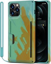 Aquarel geschilderd pantser schokbestendig pc-hardcase met kaartsleuf voor iPhone 12 Pro Max (groen geel)