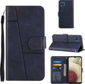 Voor Samsung Galaxy A12 Stiksels Kalf Textuur Gesp Horizontale Flip Leren Case met Houder & Kaartsleuven & Portemonnee & Lanyard (Blauw)