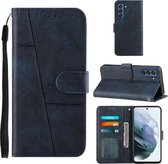 Voor Samsung Galaxy S21 FE Stiksels Kalf Textuur Gesp Horizontale Flip Leren Case met Houder & Kaartsleuven & Portemonnee & Lanyard (Blauw)