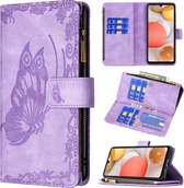 Voor Samsung Galaxy A42 Flying Butterfly Embossing Pattern Rits Horizontale Flip Leather Case met houder & kaartsleuven & portemonnee (paars)