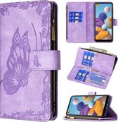 Voor Samsung Galaxy A21 Flying Butterfly Embossing Pattern Rits Horizontale Flip Leather Case met houder & kaartsleuven & portemonnee (paars)