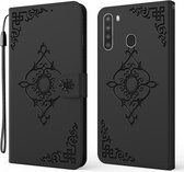 Voor Samsung Galaxy A21 EU-versie reliëf fortuin bloemenpatroon horizontale flip lederen tas met houder & kaartsleuf & portemonnee & lanyard (zwart)