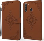 Voor Samsung Galaxy A21 US Versie Reliëf Fortuin Bloem Patroon Horizontale Flip Leren Case met Houder & Kaartsleuf & Portemonnee & Lanyard (Bruin)