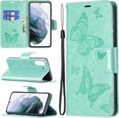 Voor Samsung Galaxy S21 FE Embossing Two Butterflies Pattern Horizontale Flip PU Leather Case met houder & kaartsleuf & portemonnee & Lanyard (groen)