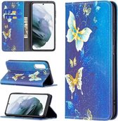 Voor Samsung Galaxy S21 FE gekleurde tekening patroon onzichtbare magnetische horizontale flip PU lederen tas met houder & kaartsleuven & portemonnee (gouden vlinders)