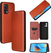 Voor OPPO F19 / A74 4G koolstofvezel textuur magnetische horizontale flip TPU + pc + PU lederen tas met kaartsleuf (bruin)