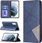 Voor Samsung Galaxy S21 FE Rhombus Texture Horizontale Flip Magnetische Leren Case met Houder & Kaartsleuven & Portemonnee (Blauw)