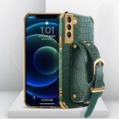 Voor Samsung Galaxy S21 gegalvaniseerde TPU krokodillenpatroon lederen tas met polsband (groen)