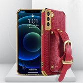 Voor Samsung Galaxy S21 gegalvaniseerde TPU krokodillenpatroon lederen tas met polsband (rood)