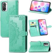 Halverwege Mandala-reliëfpatroon Horizontale lederen flip-hoes met houder & kaartsleuven & portemonnee & draagkoord voor Xiaomi Redmi Note 10 Pro (groen)