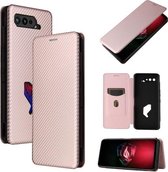 Voor Asus ROG Phone 5 Koolstofvezel Textuur Magnetische Horizontale Flip TPU + PC + PU lederen tas met kaartsleuf (roze)