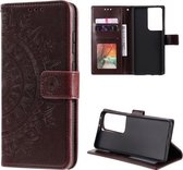 Voor Samsung Galaxy S21 Ultra 5G Totem Bloem Reliëf Horizontale Flip TPU + PU Lederen Case met Houder & Kaartsleuven & Portemonnee (Bruin)