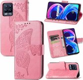 Voor Realme V13 5G/8 5G/Q3i 5G/Q3 5G Vlinder Liefde Bloemen Reliëf Horizontale Flip Lederen Case met Houder & Kaartsleuven & Portemonnee & Lanyard (Roze)