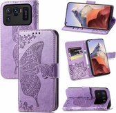 voor xiaomi mi 11 ultra vlinder liefde bloemen reliëf horizontale flip lederen case met houder & kaartsleuven & portemonnee & lanyard (lichtpaars)