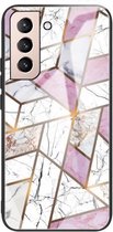 Voor Samsung Galaxy S21 + 5G Abstract Marble Pattern Glass beschermhoes (Rhombus White Purple)