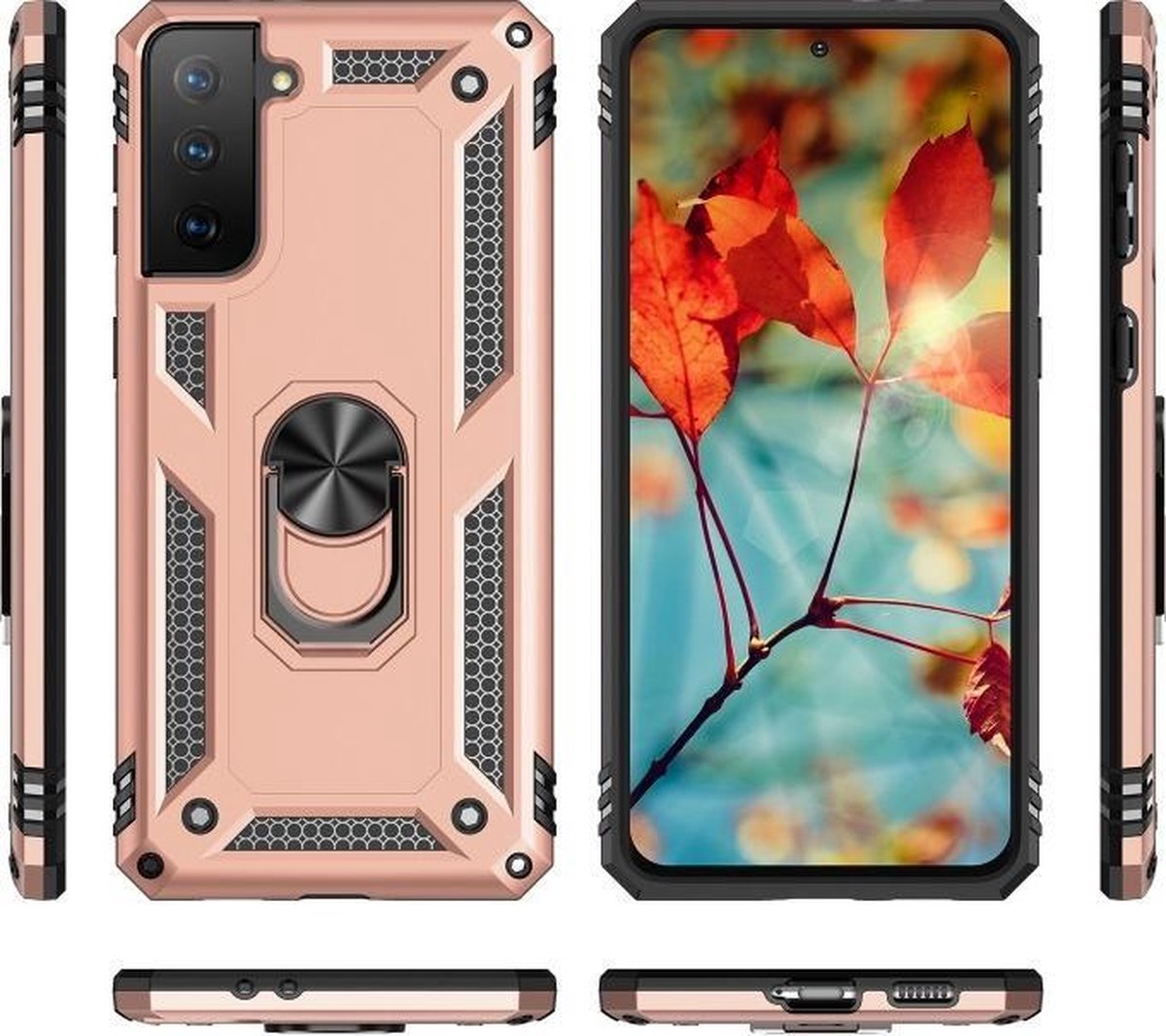 Hoesje Geschikt voor Samsung Galaxy S21 Stevige Magnetische Anti shock ring back cover case- schokbestendig-TPU met stand Rosé goud