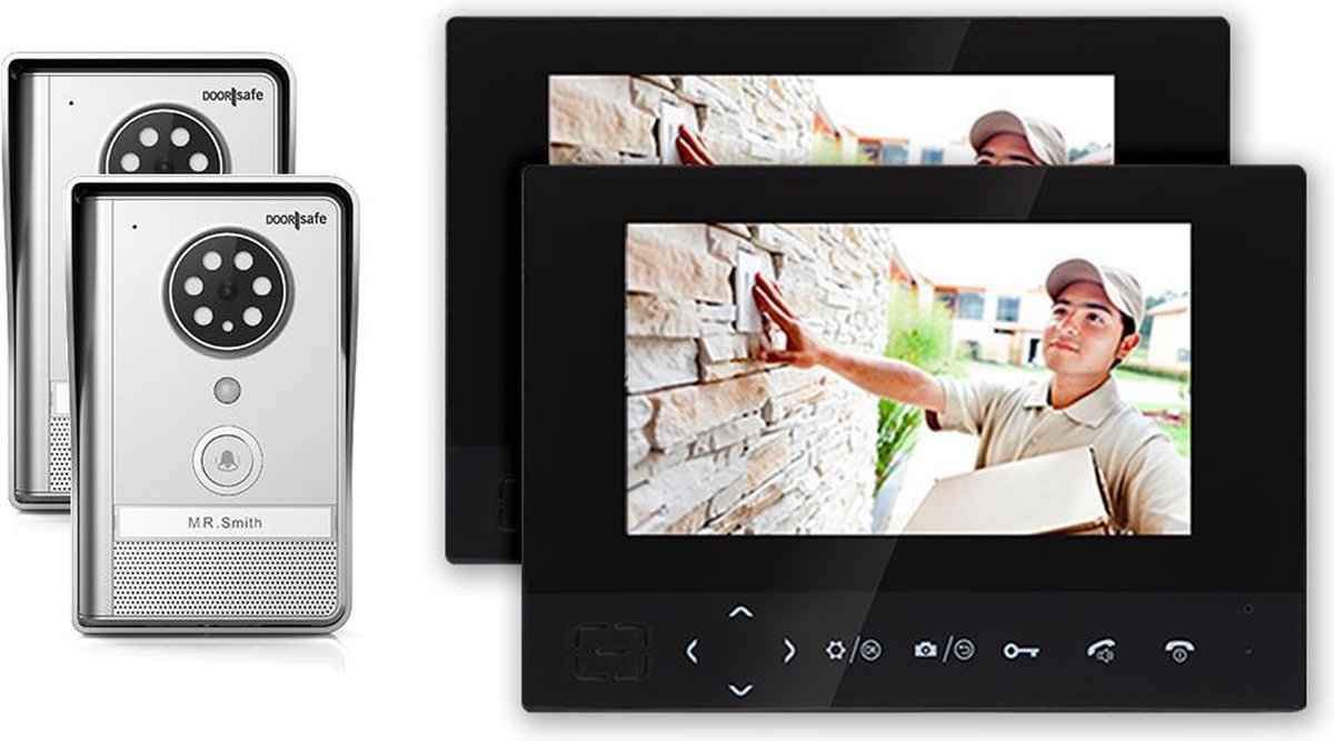 Doorsafe 4503 - draadloze video camera deurbel met 2 x deurbel op 12V of batterijen & 2 x 7 inch scherm