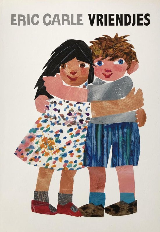 Amis Eric Carle. Une fille en robe à pois multicolores et un garçon en short rayé s'enlacent.