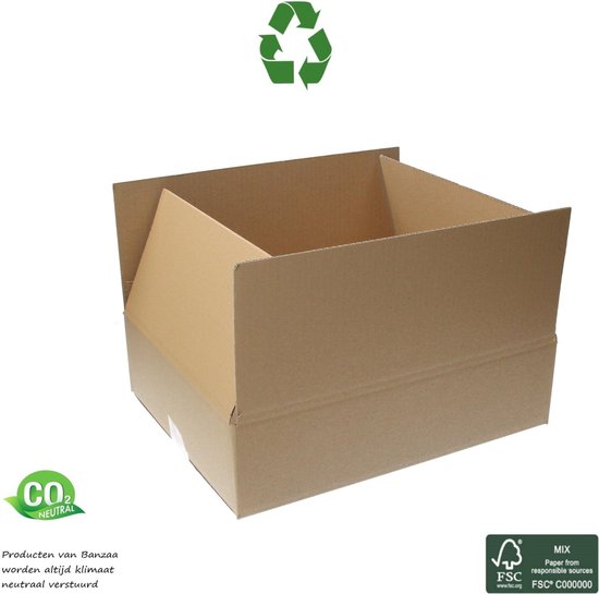 Kartonnen doos met FSC-logo en recycle-symbool. Tekst vermeldt 'CO2 neutraal'.
