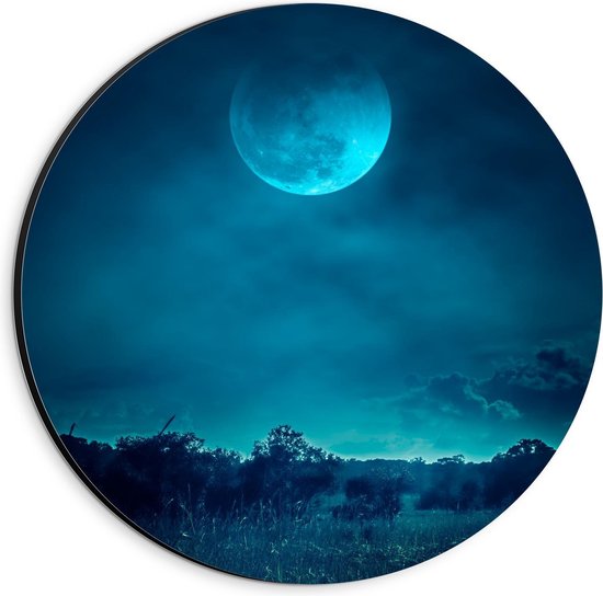 Dibond Wandcirkel - Maan in Blauwe Nachtlucht  - 20x20cm Foto op Aluminium Wandcirkel (met ophangsysteem)