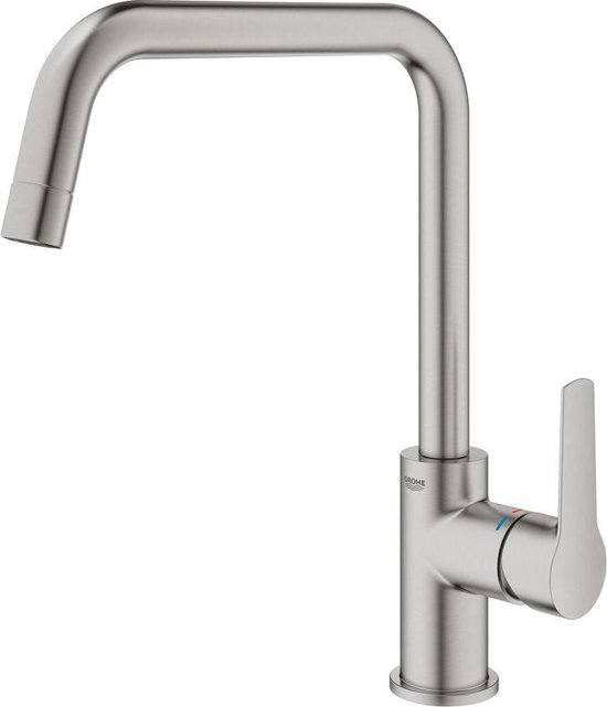 GROHE Start Edge 30550000 Keukenkraan, hooguittrekbare uitloop, vorm C, 360° draaibaar, QuickFix-installatie, ecologische doorstroombegrenzer, chroom
