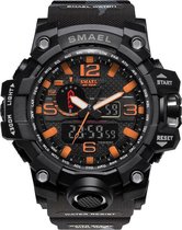 Heren Horloge Zwart met Zwarte rubber band en Oranje details | Smael | Waterdicht |Glow in dark | Mud Master | Leger | Army | Grof | Licht | Rubberen band | Timer | Eyecatcher | Master| Vaderdag Cadeau | Vaderdag | kado|